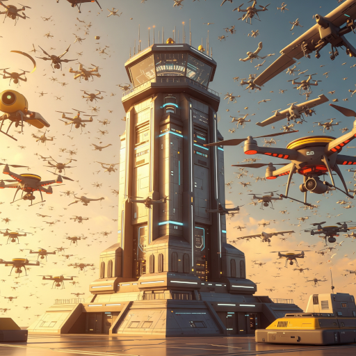 An illustration of a control tower overlooking a network of AI agents and systems, representing centralized AI governance